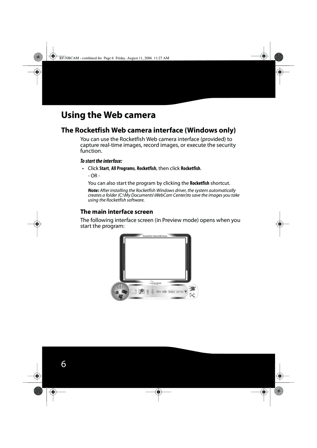 RocketFish RF-NBWEB, RF-NBCAM Using the Web camera, Rocketfish Web camera interface Windows only, Main interface screen 