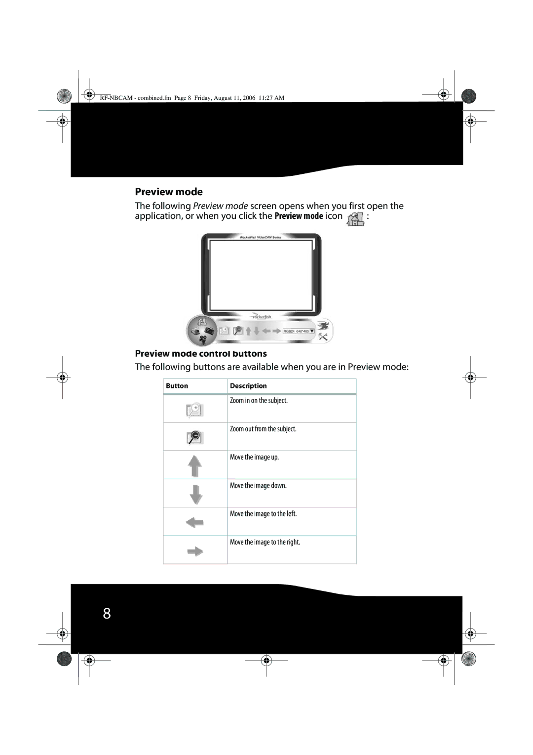 RocketFish RF-NBWEB, RF-NBCAM manual Preview mode control buttons 