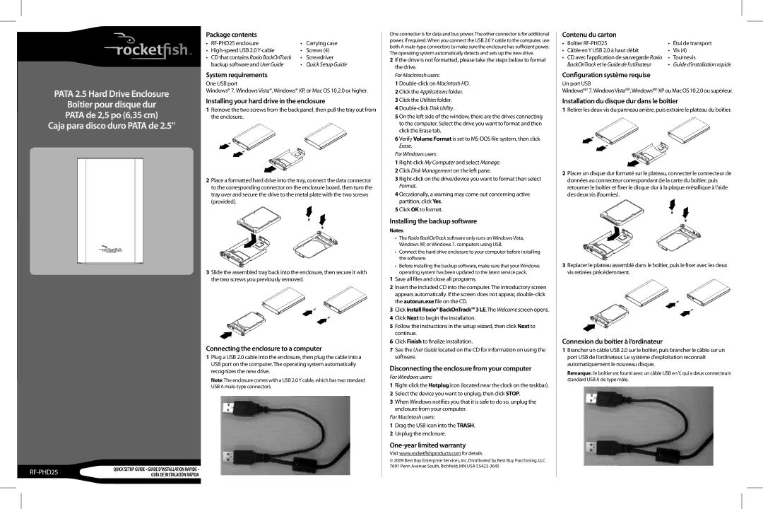 RocketFish RF-PHD25 warranty Package contents, System requirements, Installing your hard drive in the enclosure 