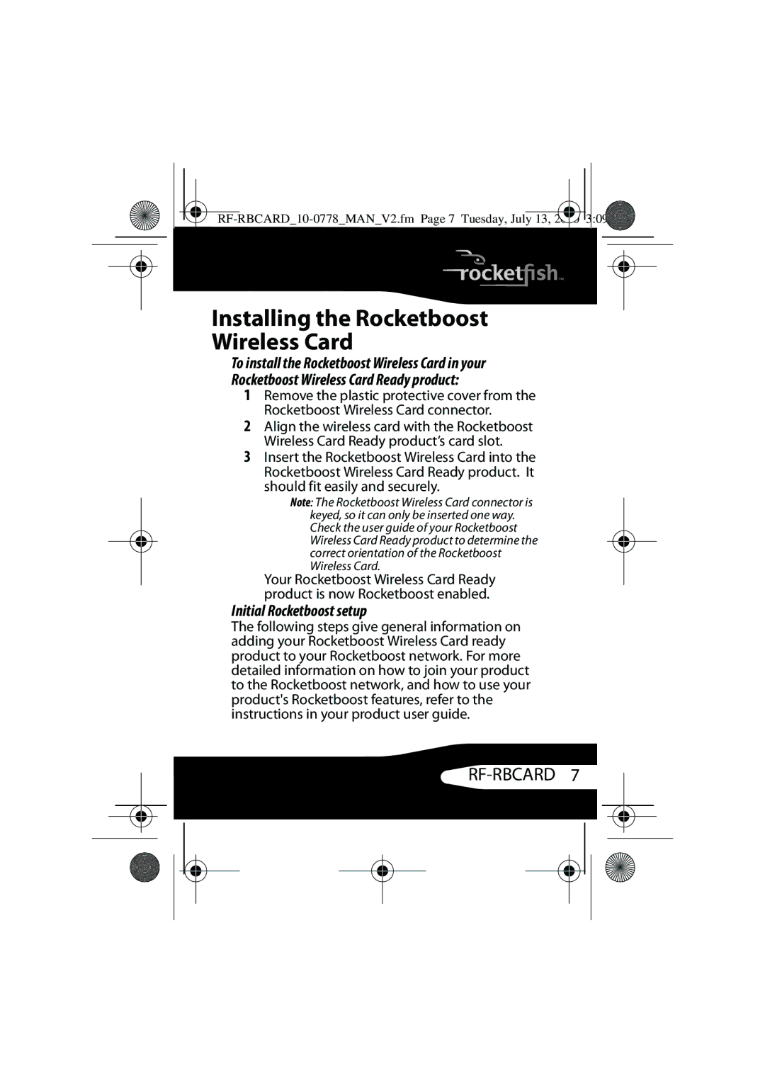 RocketFish RF-RBCARD manual Installing the Rocketboost Wireless Card, Initial Rocketboost setup 