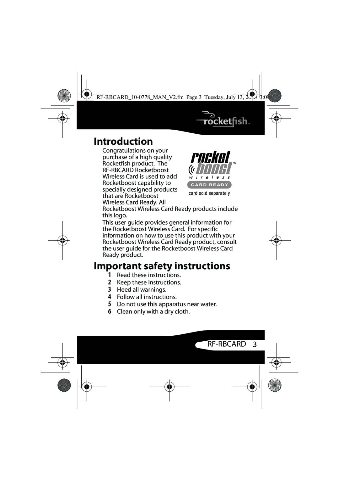 RocketFish RF-RBCARD manual Introduction, Important safety instructions, Rf-Rbcard 