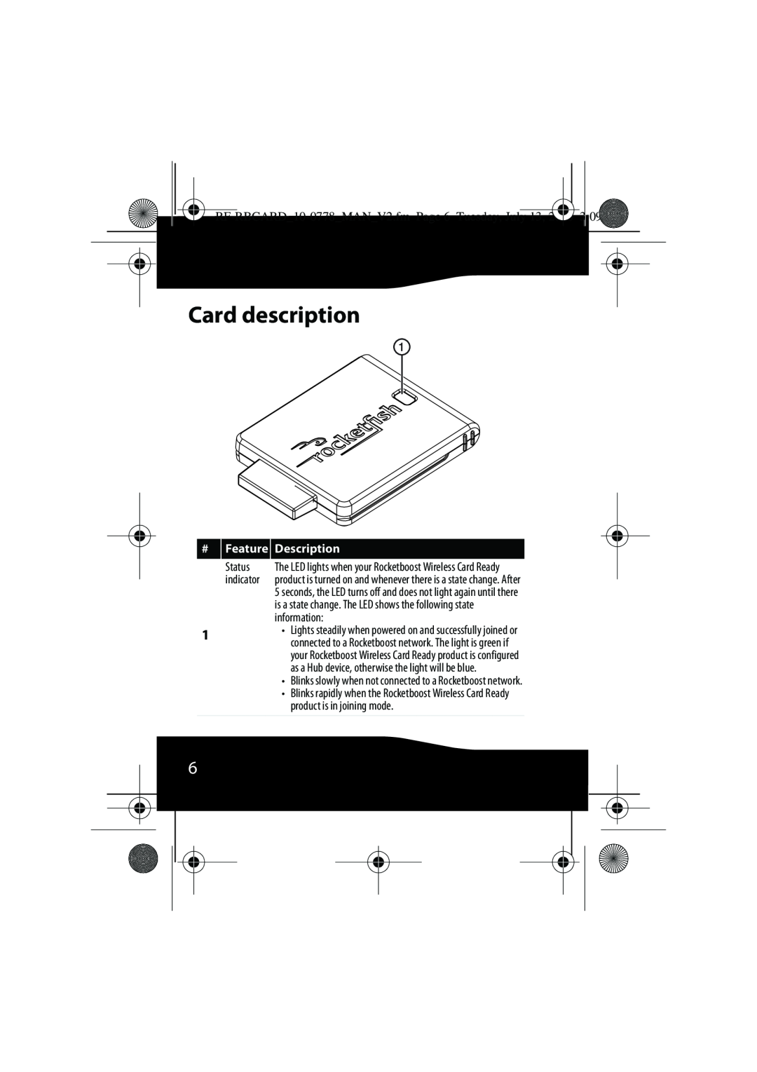 RocketFish manual Card description, RF-RBCARD10-0778MANV2.fm Page 6 Tuesday, July 13, 2010 309 PM, Feature, Description 