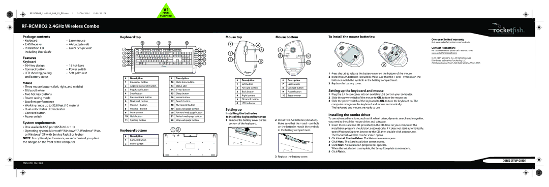 RocketFish RF-RCMBO2 warranty Package contents, Features, Keyboard top, Mouse top, To install the mouse batteries 