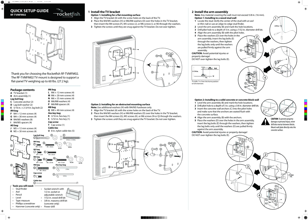 RocketFish RF-TVMFM02 manual Install the TV bracket, Install the arm assembly, Package contents 