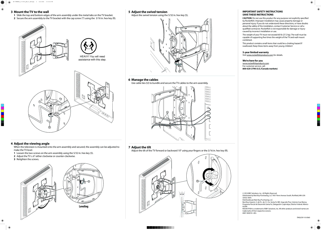 RocketFish RF-TVMFM02 manual Mount the TV to the wall, Adjust the viewing angle, Leveling Adjust the swivel tension 