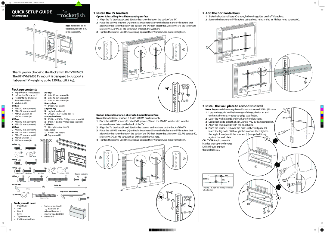 RocketFish RF-TVMFM03 manual Install the TV brackets, Add the horizontal bars, Package contents 