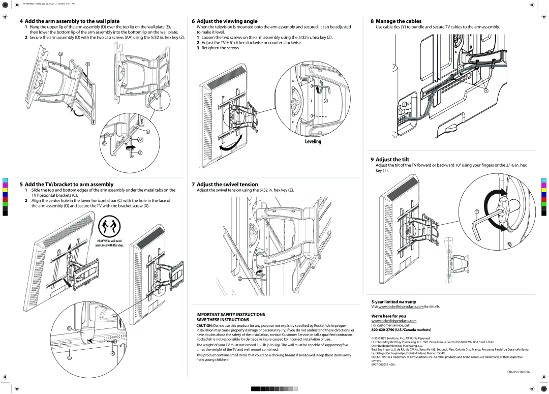 RocketFish RF-TVMFM03 Add the arm assembly to the wall plate, Add the TV/bracket to arm assembly, Adjust the viewing angle 