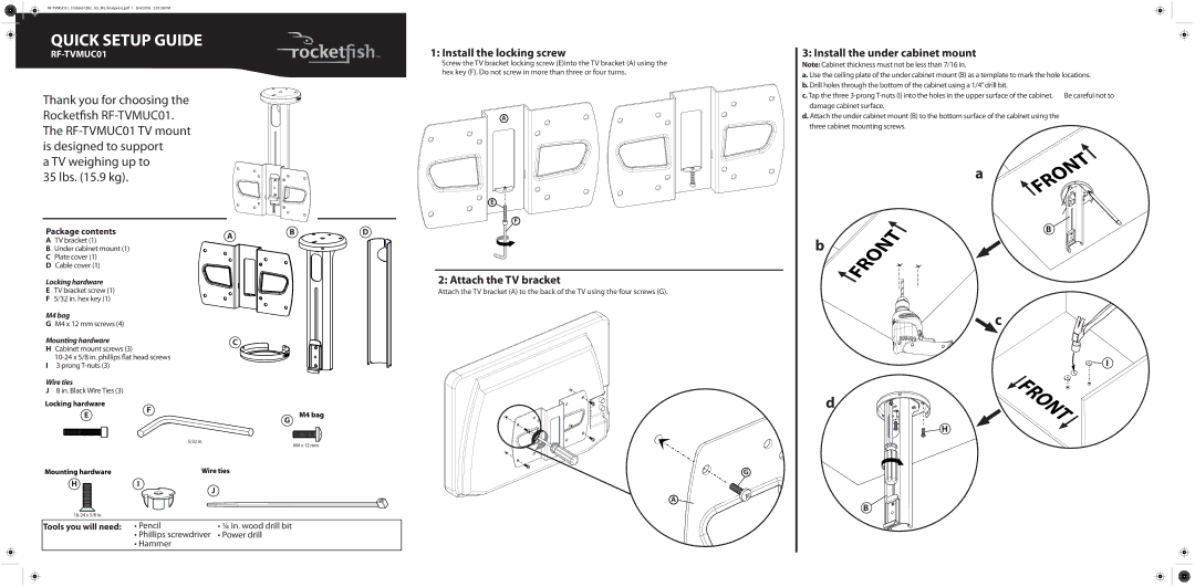 RocketFish RF-TVMUC01 manual Install the locking screw, Install the under cabinet mount, Attach the TV bracket 