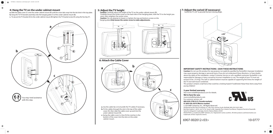 RocketFish RF-TVMUC01 manual Hang the TV on the under cabinet mount, Adjust the TV height 