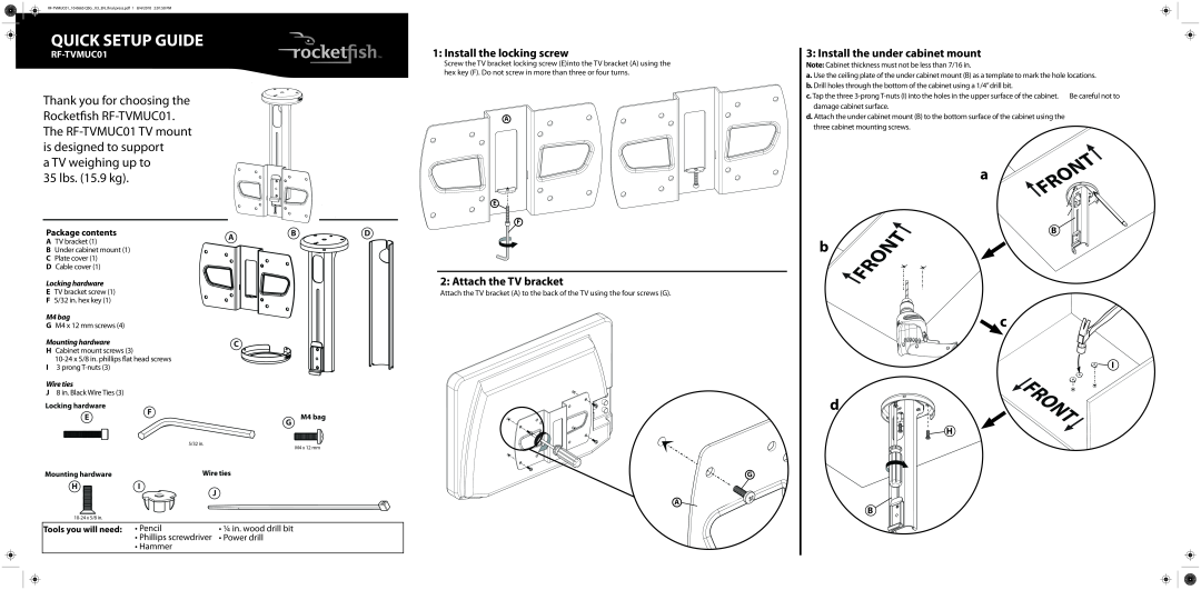 RocketFish RF-TVMUC01 manual Install the locking screw, Install the under cabinet mount, Attach the TV bracket, Ab D 