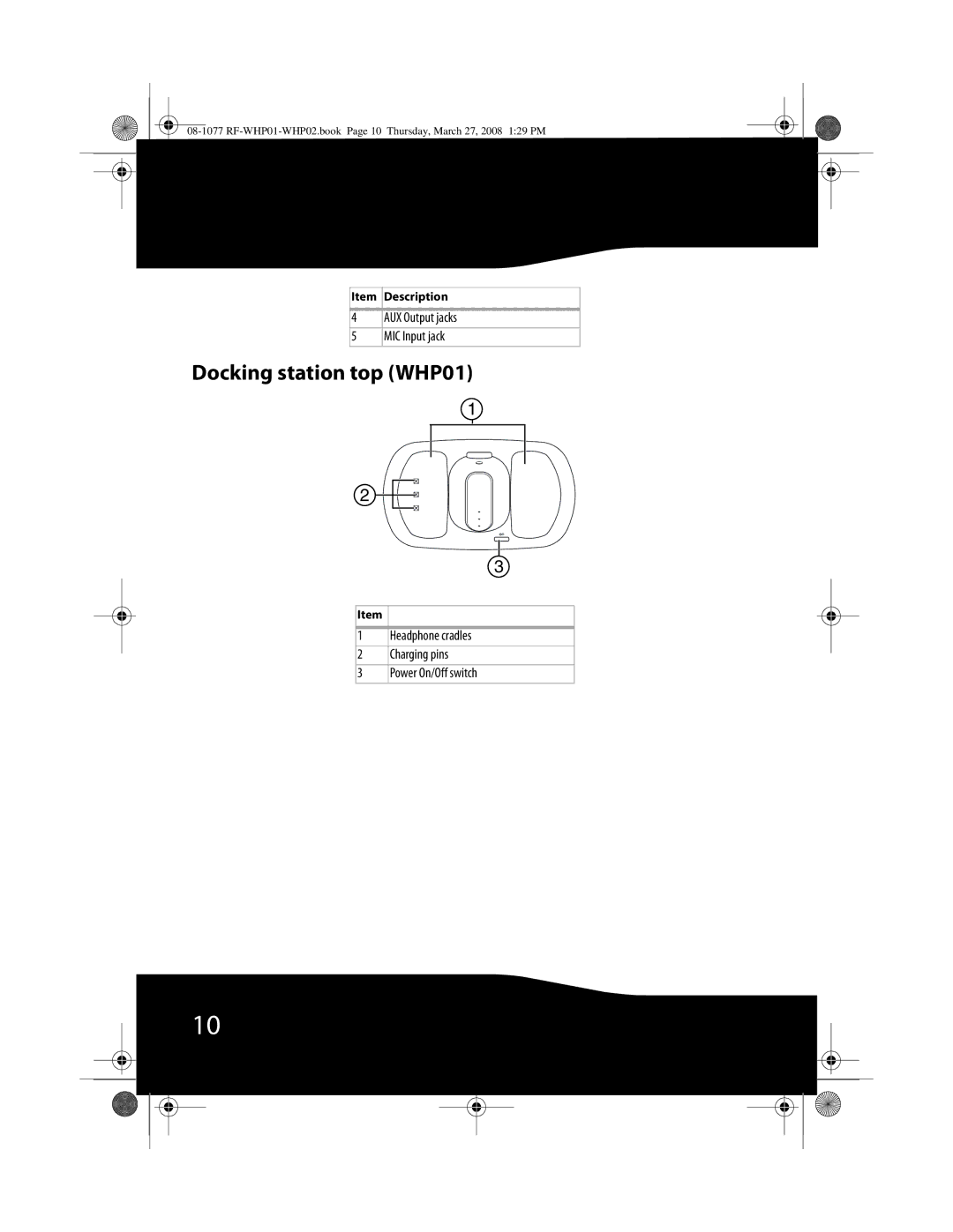RocketFish RF-WHP01 manual Docking station top WHP01, MIC Input jack, Headphone cradles, Charging pins, Power On/Off switch 