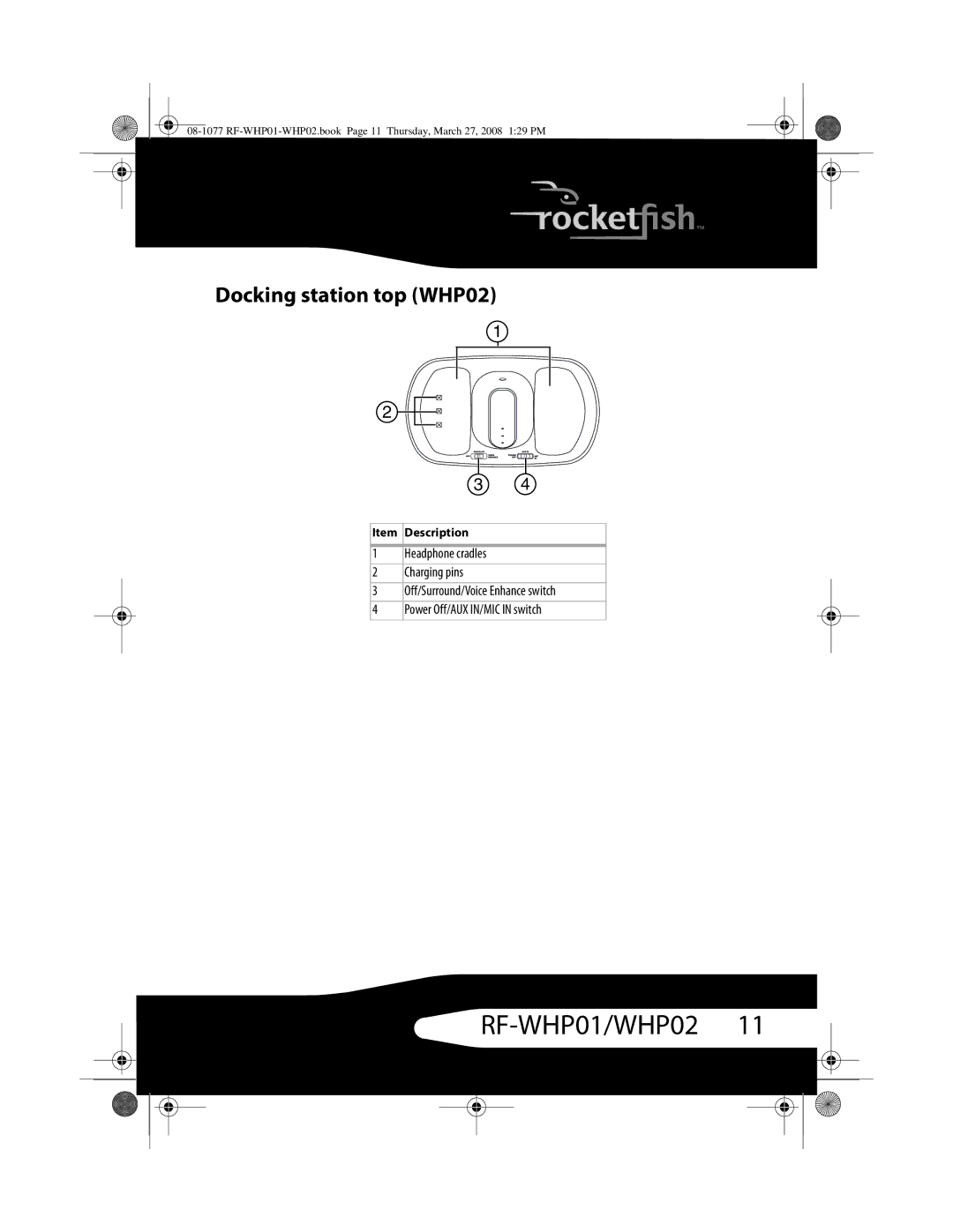 RocketFish RF-WHP02, RF-WHP01 manual Docking station top WHP02 