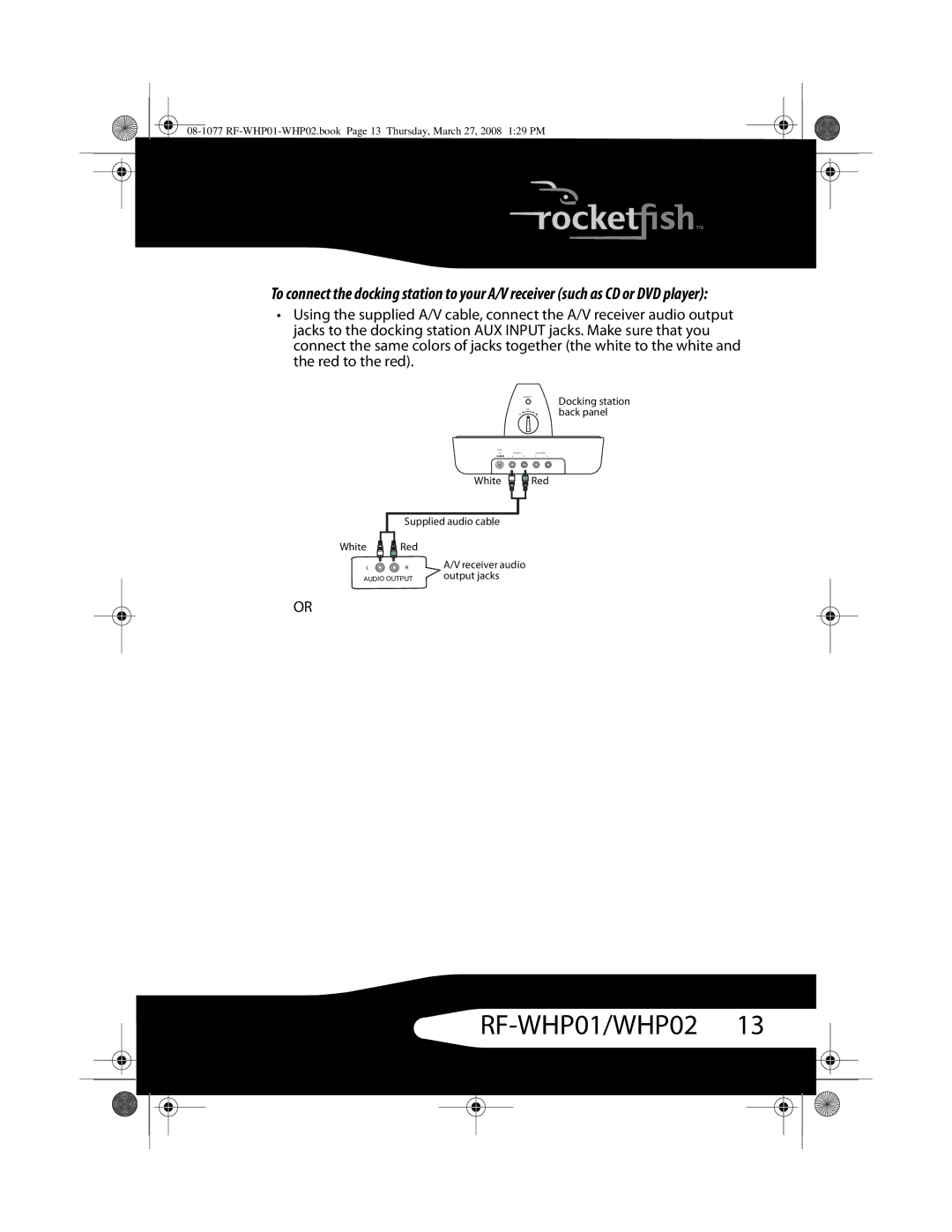 RocketFish RF-WHP02, RF-WHP01 manual Docking station back panel White Red Supplied audio cable 