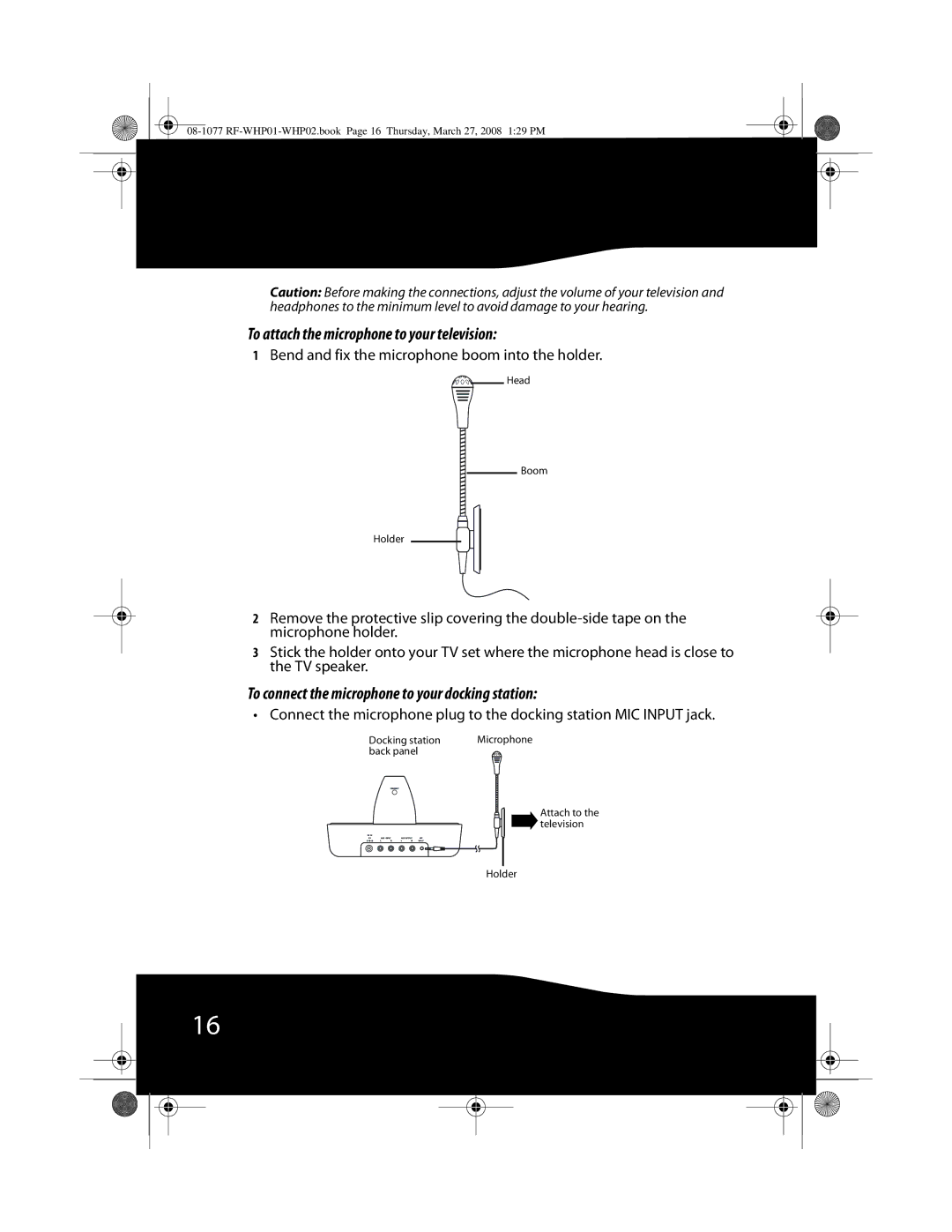 RocketFish RF-WHP01 manual To attach the microphone to your television, To connect the microphone to your docking station 