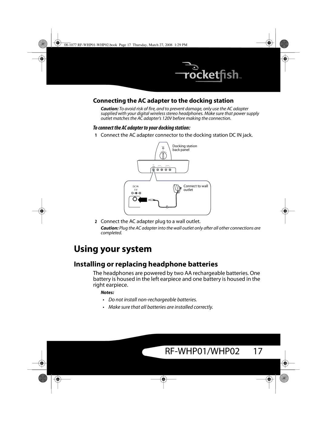 RocketFish RF-WHP02, RF-WHP01 manual Using your system, Installing or replacing headphone batteries 