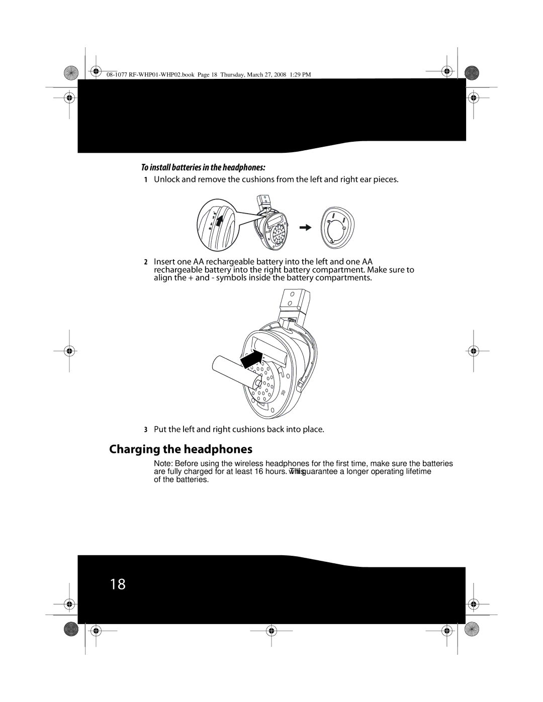 RocketFish RF-WHP01, RF-WHP02 manual Charging the headphones, To install batteries in the headphones 