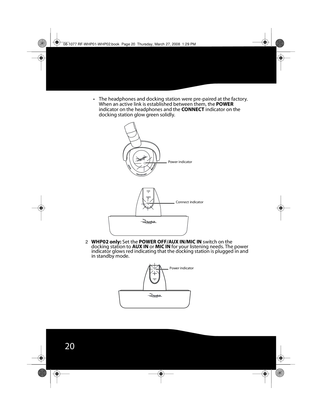 RocketFish RF-WHP01, RF-WHP02 manual Power indicator Connect indicator 