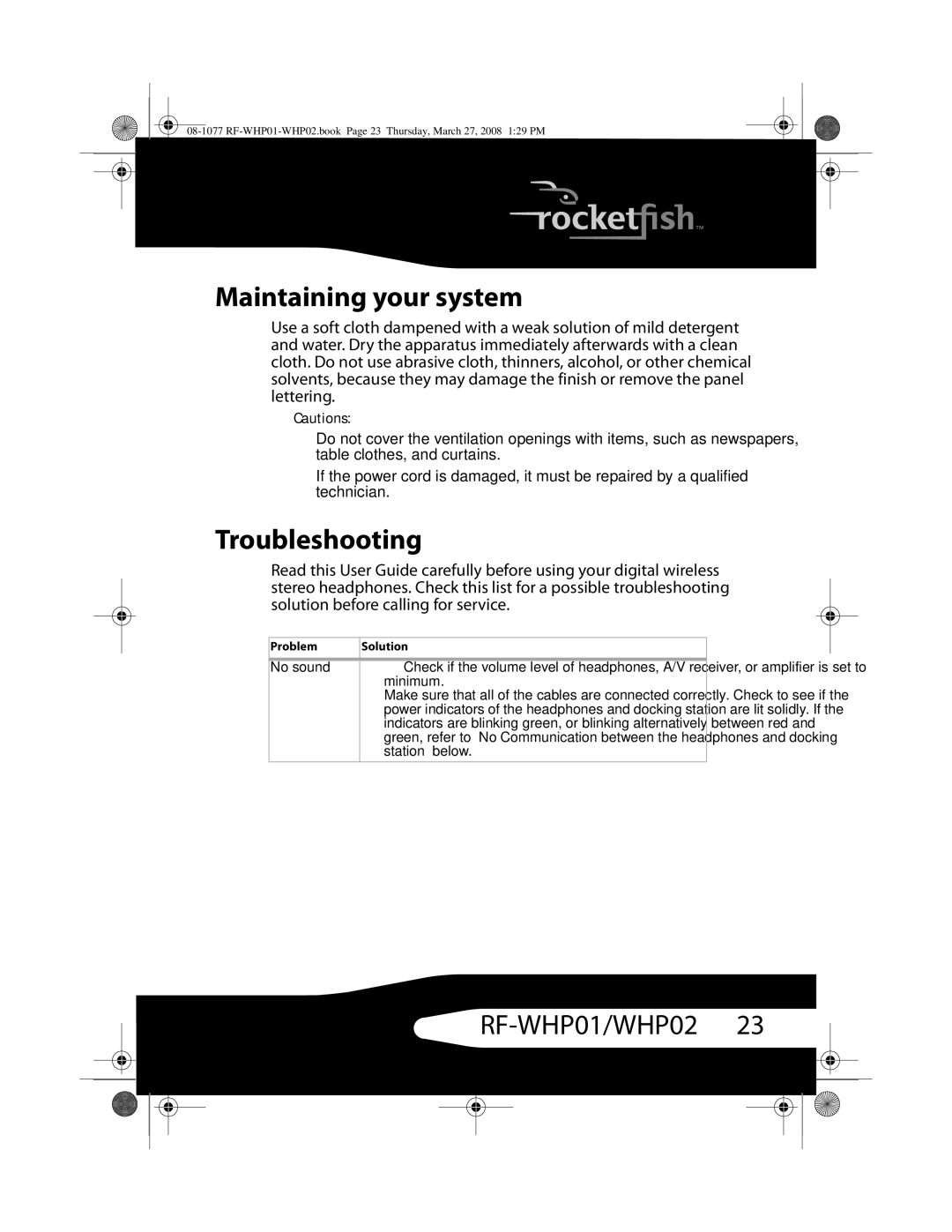 RocketFish RF-WHP02, RF-WHP01 manual Maintaining your system, Troubleshooting, No sound, Minimum, Station below 