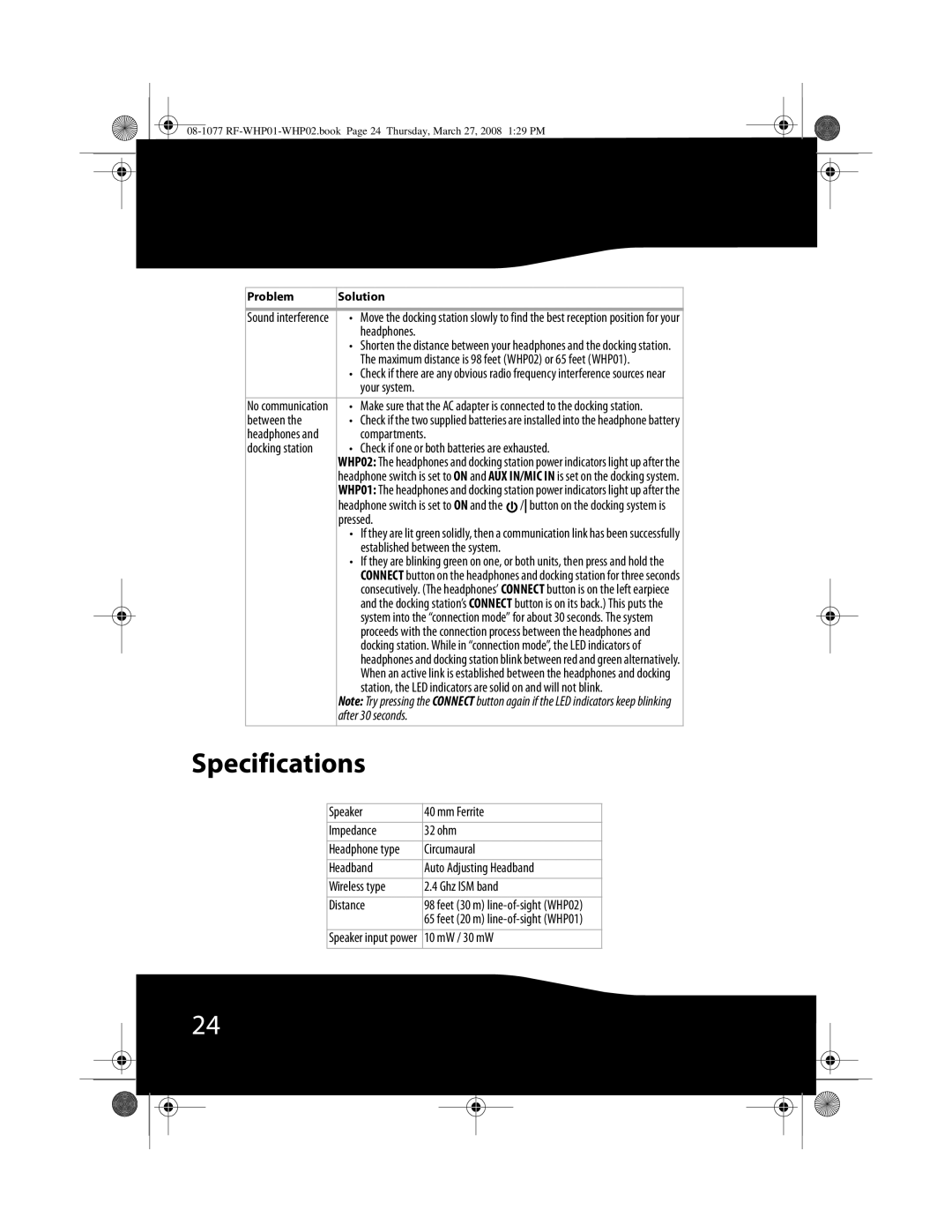 RocketFish RF-WHP01, RF-WHP02 manual Specifications 