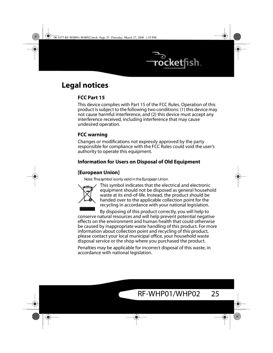 RocketFish RF-WHP02, RF-WHP01 manual Legal notices, FCC Part, FCC warning 