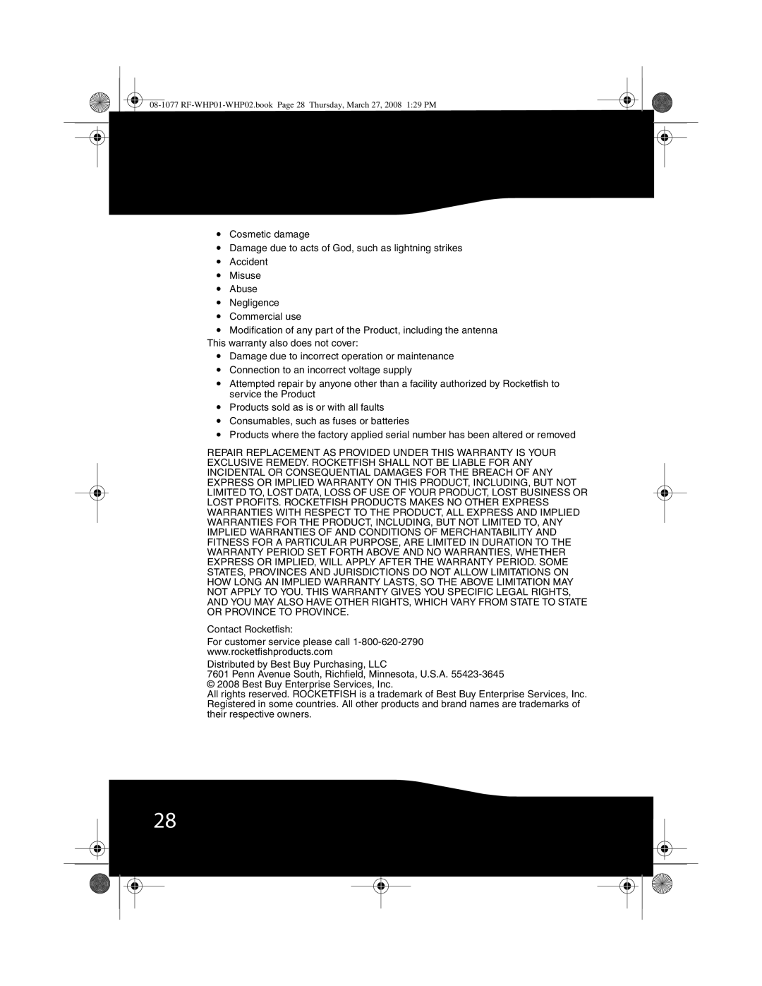 RocketFish RF-WHP02 manual RF-WHP01-WHP02.book Page 28 Thursday, March 27, 2008 129 PM 