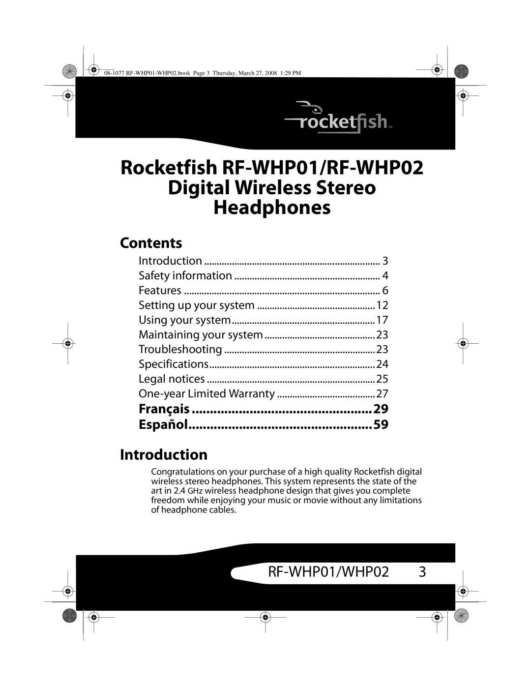 RocketFish RF-WHP02, RF-WHP01 manual Contents, Introduction 