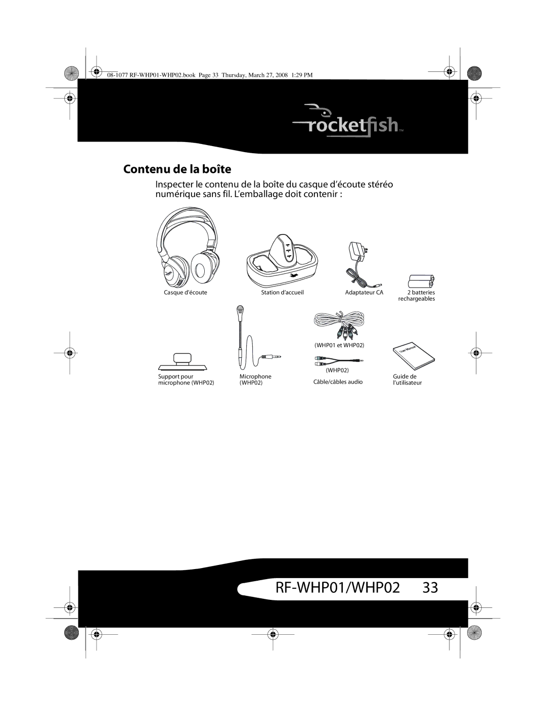 RocketFish RF-WHP02, RF-WHP01 manual Contenu de la boîte 