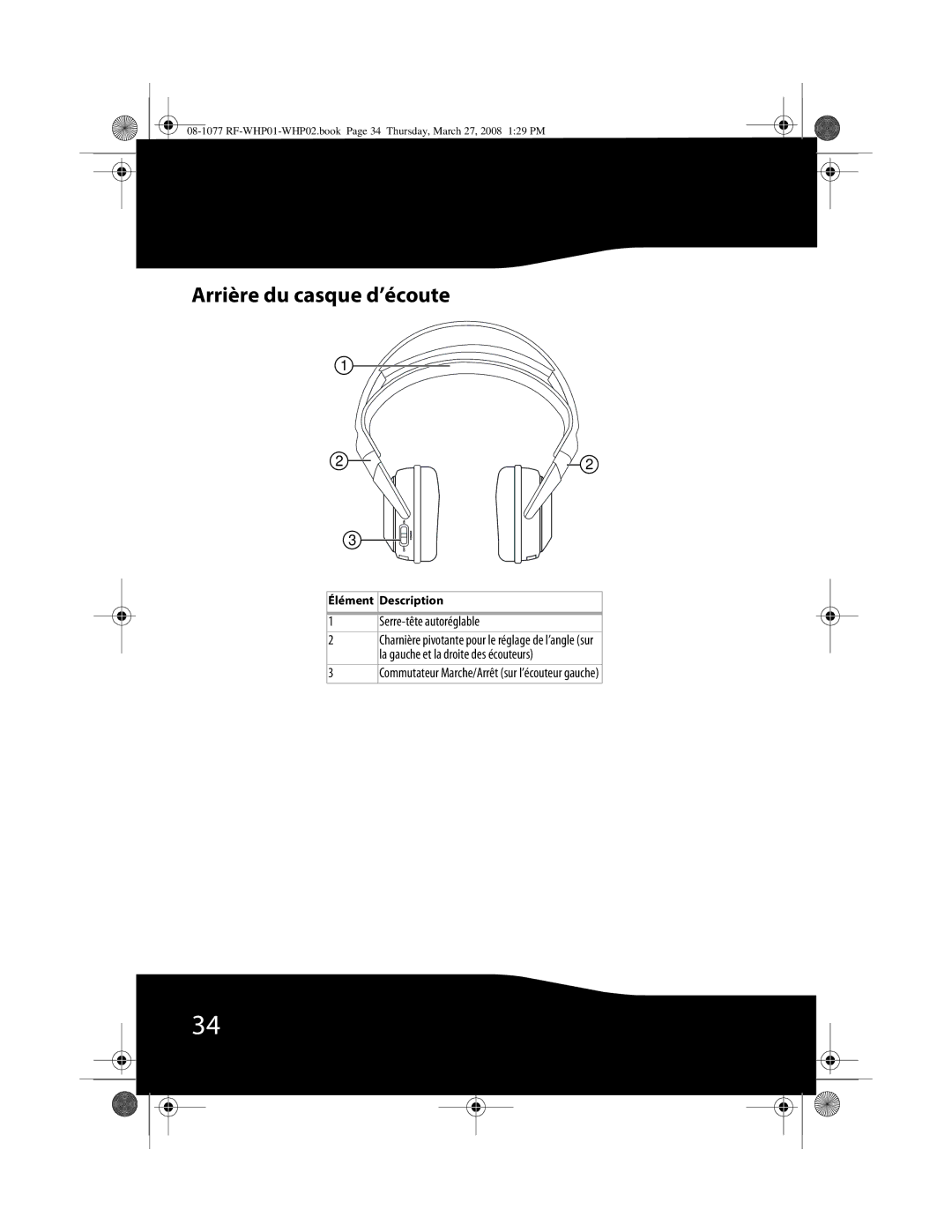 RocketFish RF-WHP01 Arrière du casque d’écoute, Serre-tête autoréglable, Commutateur Marche/Arrêt sur l’écouteur gauche 