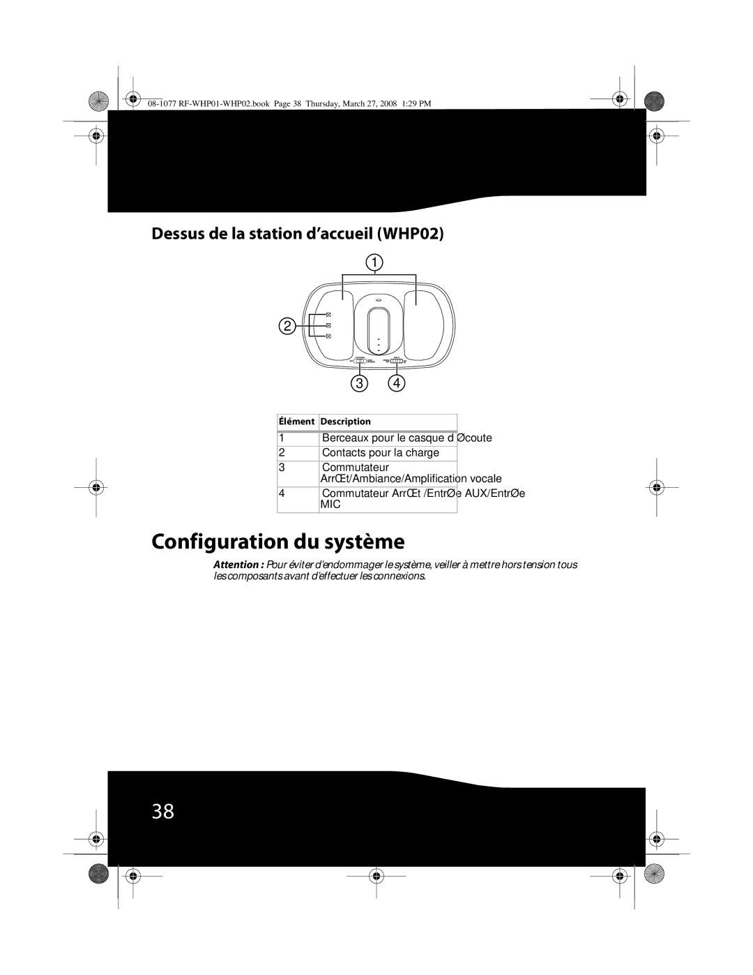 RocketFish RF-WHP01 Configuration du système, Dessus de la station d’accueil WHP02, Commutateur Arrêt /Entrée AUX/Entrée 