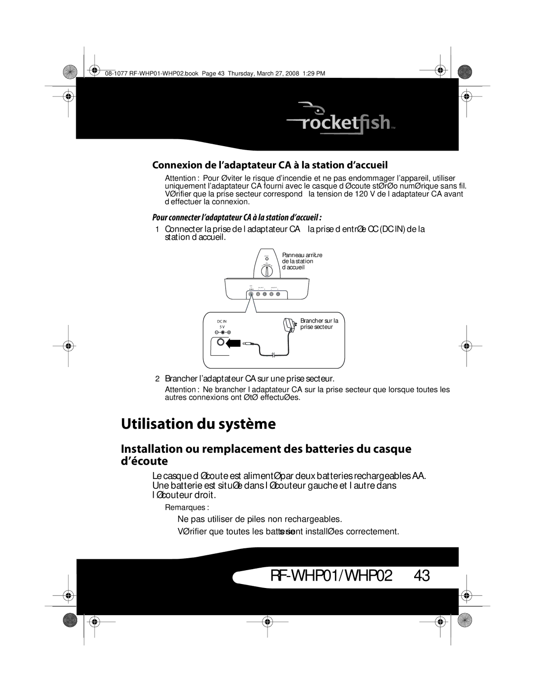 RocketFish RF-WHP02, RF-WHP01 manual Utilisation du système, Connexion de l’adaptateur CA à la station d’accueil 