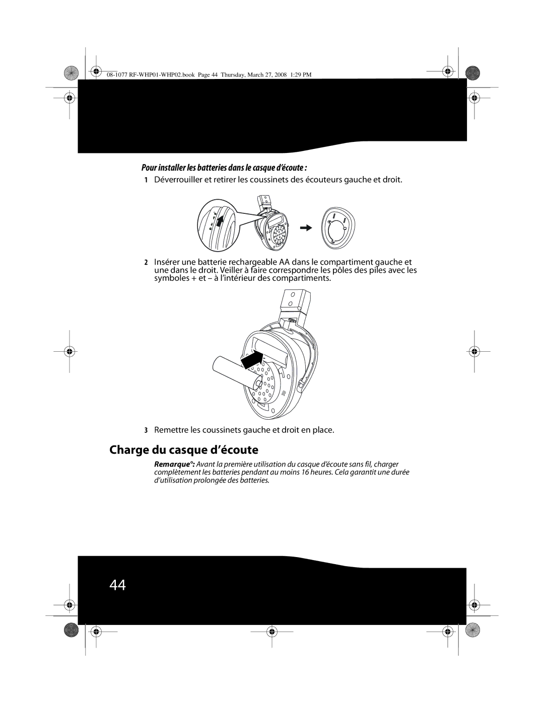 RocketFish RF-WHP01, RF-WHP02 manual Charge du casque d’écoute, Pour installer les batteries dans le casque d’écoute 
