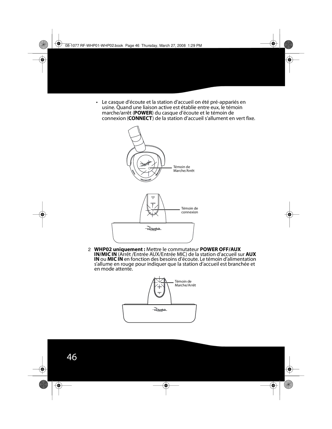 RocketFish RF-WHP01, RF-WHP02 manual Témoin de Marche/Arrêt Témoin de connexion 