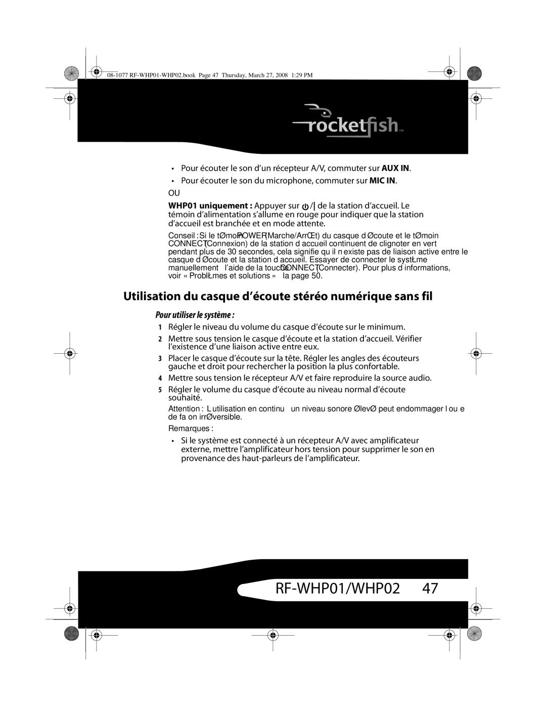 RocketFish RF-WHP02, RF-WHP01 manual Utilisation du casque d’écoute stéréo numérique sans fil, Pour utiliser le système 