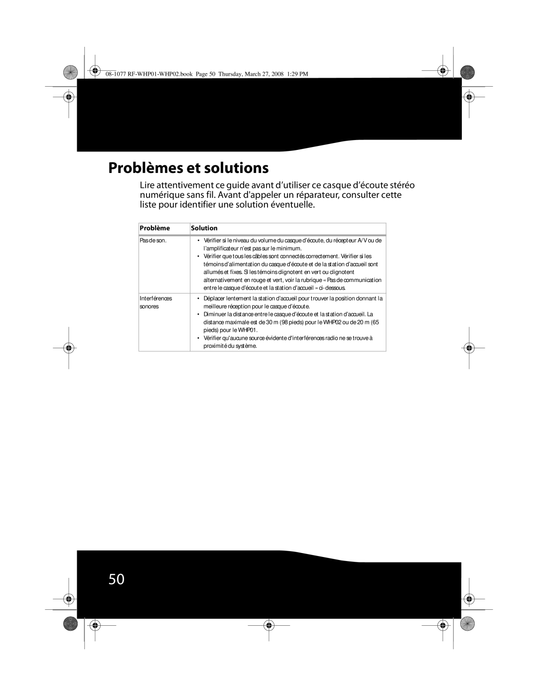 RocketFish RF-WHP01, RF-WHP02 manual Problèmes et solutions 