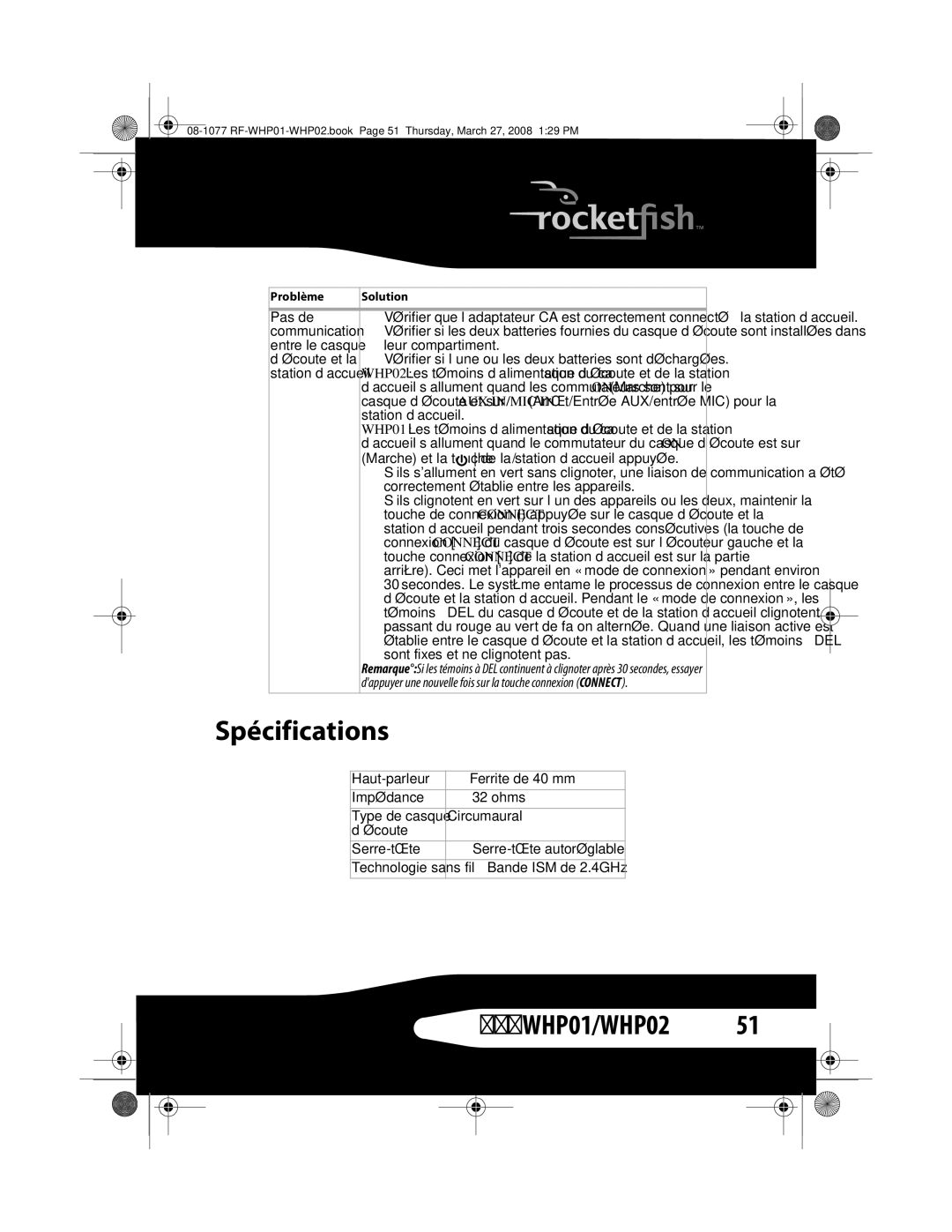 RocketFish RF-WHP02, RF-WHP01 manual Spécifications 