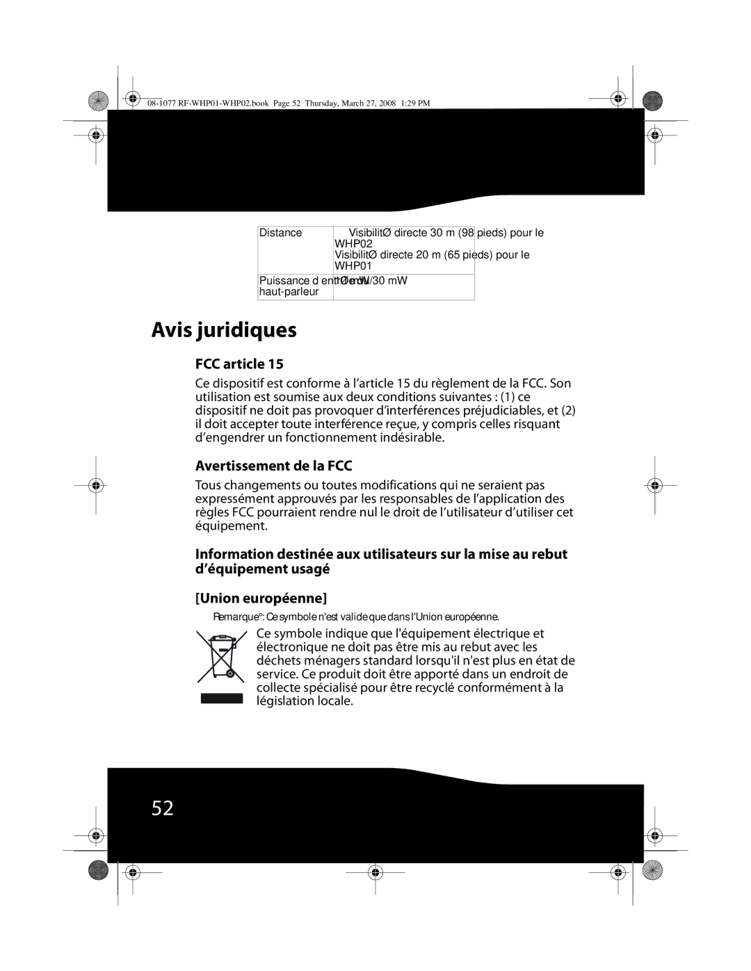 RocketFish RF-WHP01, RF-WHP02 manual Avis juridiques, FCC article, Avertissement de la FCC, 10 mW/30 mW, Haut-parleur 