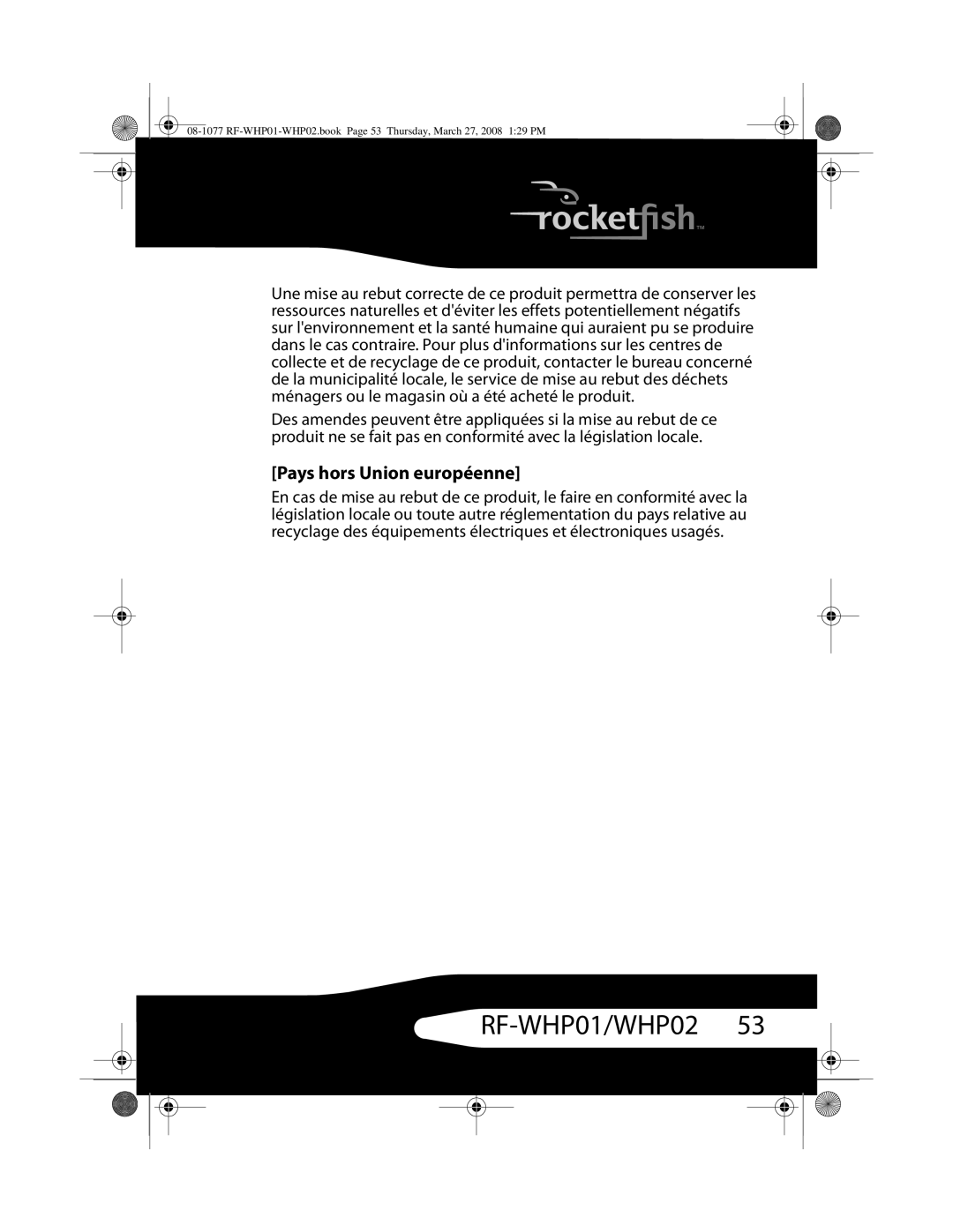 RocketFish RF-WHP02, RF-WHP01 manual Pays hors Union européenne 