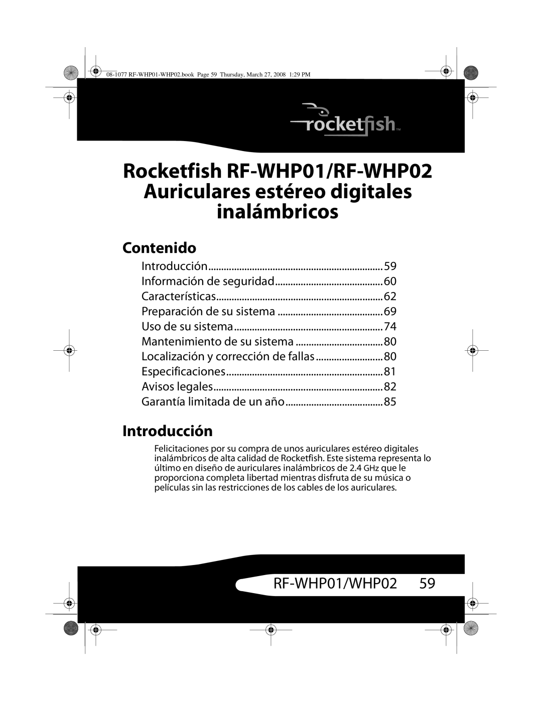 RocketFish RF-WHP02, RF-WHP01 manual Contenido, Introducción 