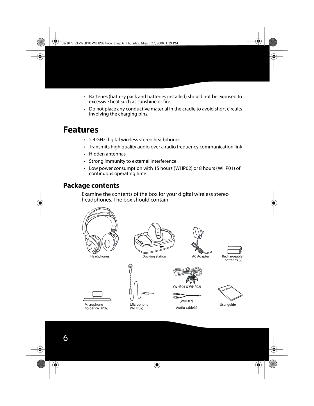 RocketFish RF-WHP01, RF-WHP02 manual Features, Package contents 