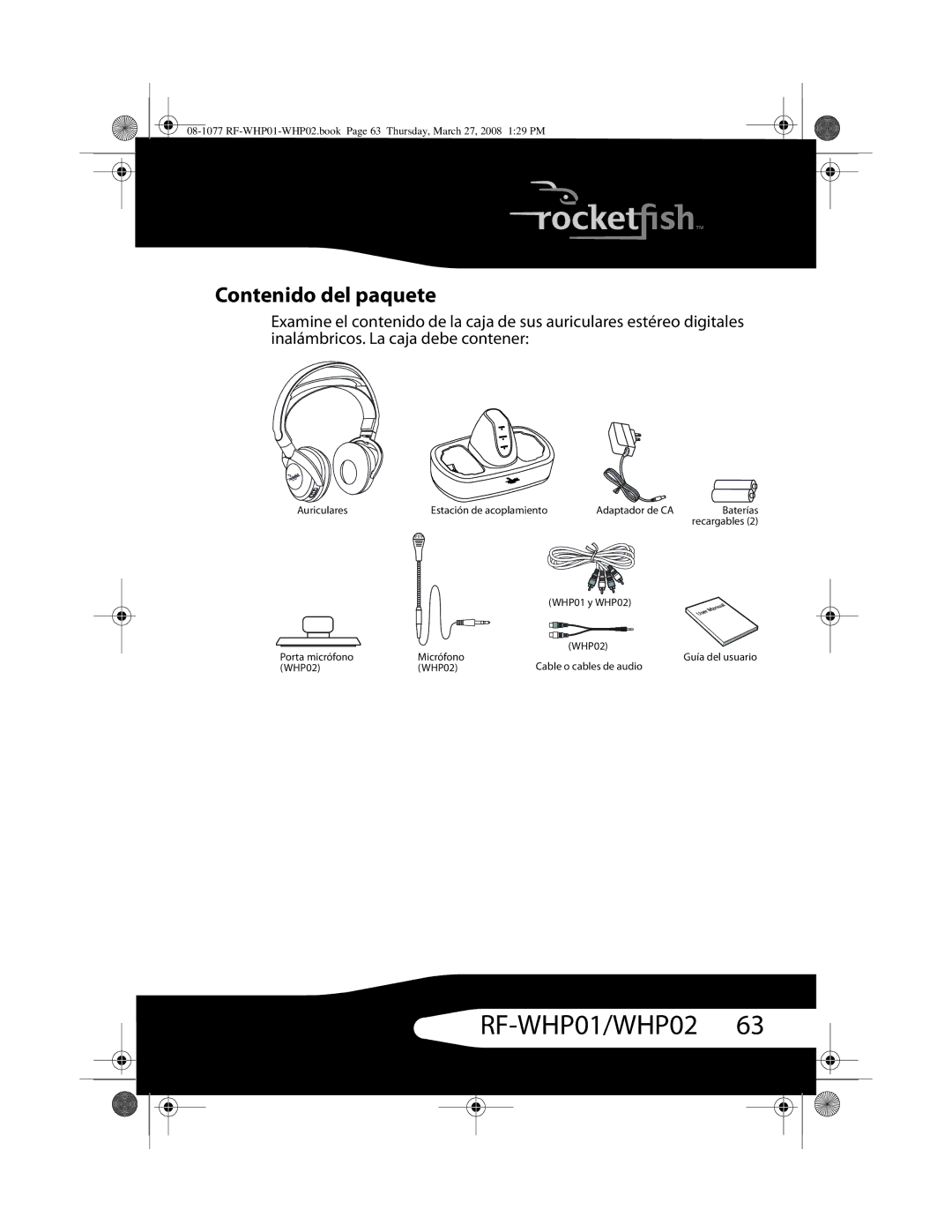 RocketFish RF-WHP02, RF-WHP01 manual Contenido del paquete 