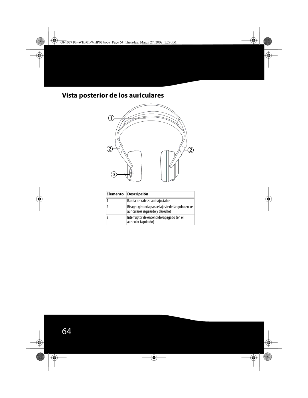 RocketFish RF-WHP01, RF-WHP02 manual Vista posterior de los auriculares, Banda de cabeza autoajustable 