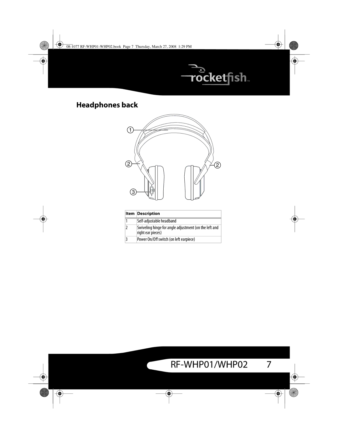 RocketFish RF-WHP02, RF-WHP01 manual Headphones back, Self-adjustable headband, Power On/Off switch on left earpiece 