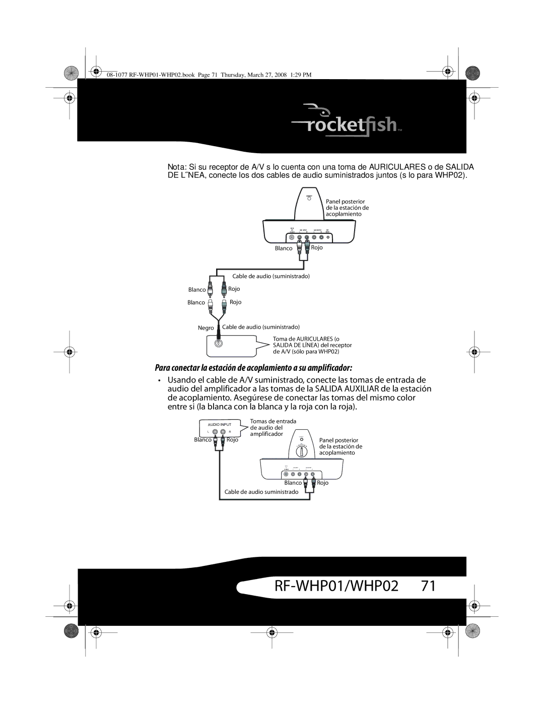 RocketFish RF-WHP02, RF-WHP01 manual Para conectar la estación de acoplamiento a su amplificador 