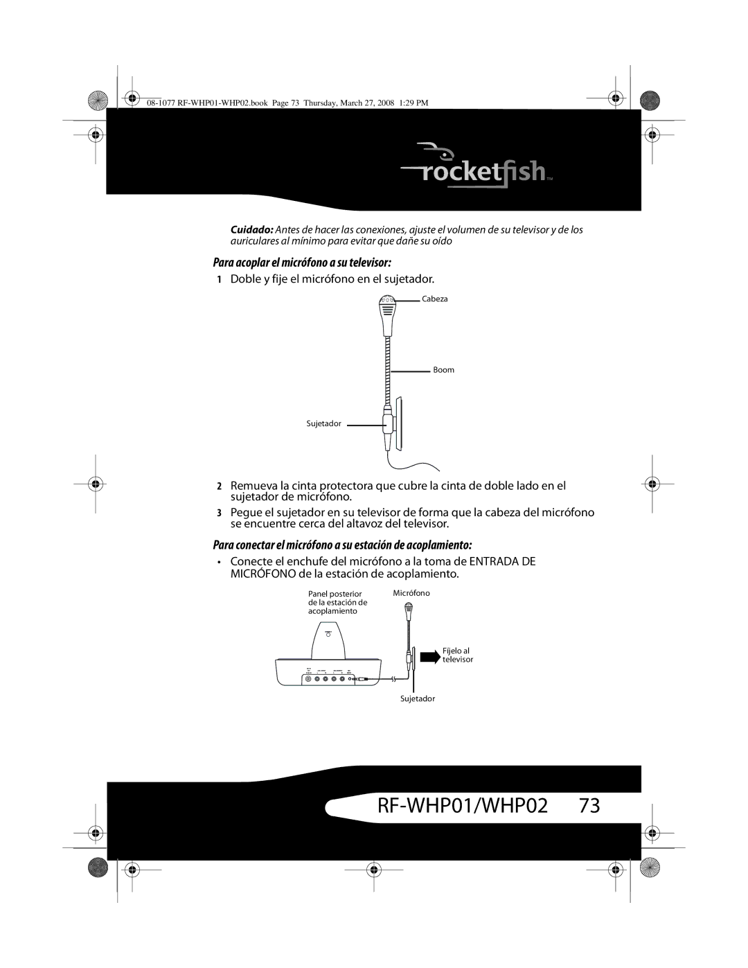 RocketFish RF-WHP02 Para acoplar el micrófono a su televisor, Para conectar el micrófono a su estación de acoplamiento 