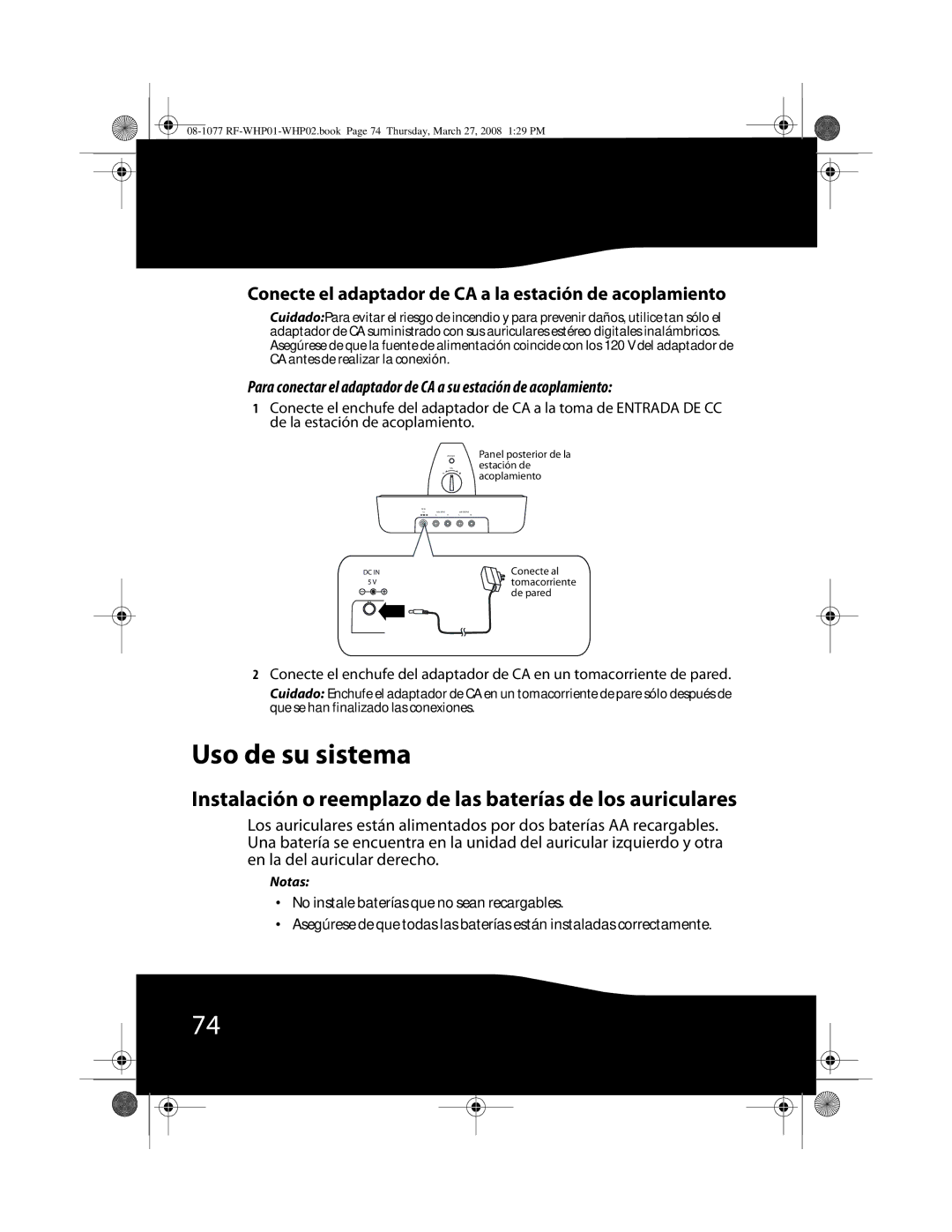 RocketFish RF-WHP01, RF-WHP02 manual Uso de su sistema, Instalación o reemplazo de las baterías de los auriculares 