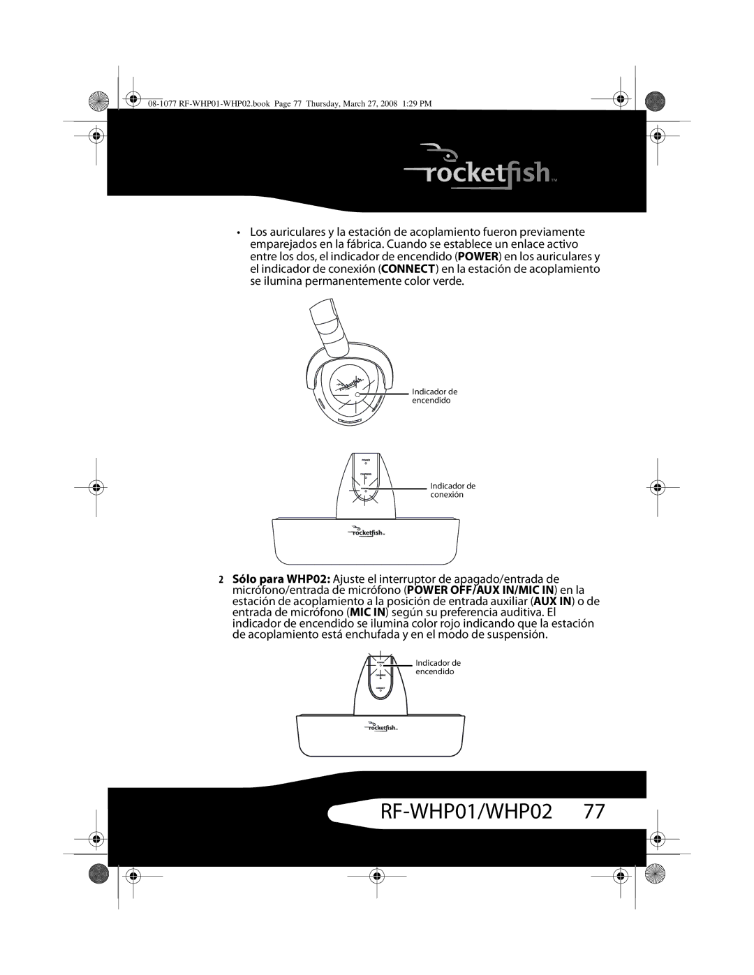 RocketFish RF-WHP02, RF-WHP01 manual Indicador de encendido Indicador de conexión 