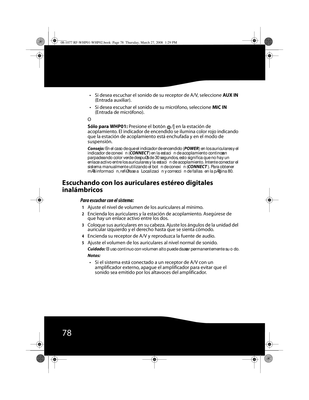 RocketFish RF-WHP01, RF-WHP02 manual Para escuchar con el sistema 