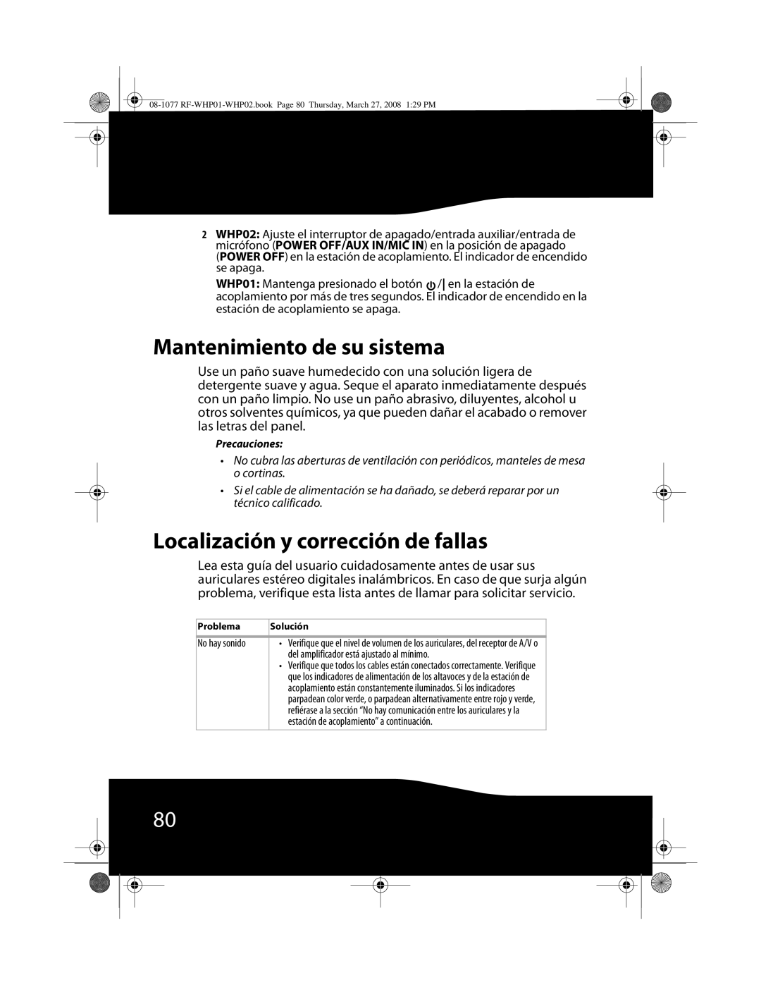 RocketFish RF-WHP01, RF-WHP02 manual Mantenimiento de su sistema, Localización y corrección de fallas 