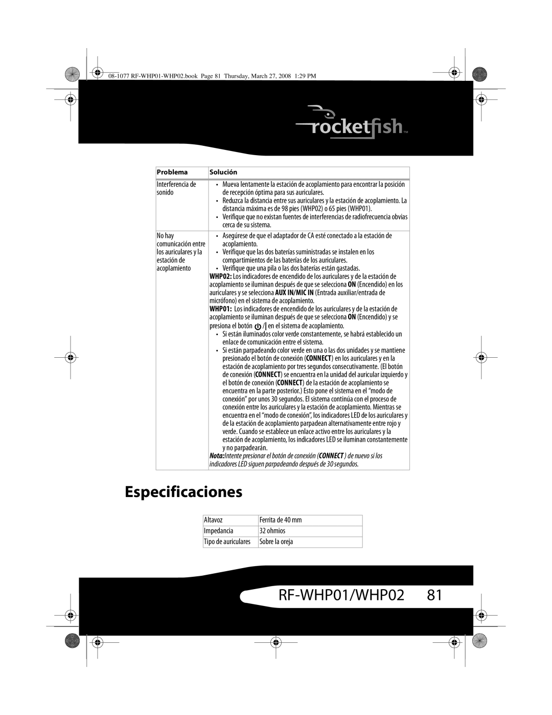 RocketFish RF-WHP02, RF-WHP01 manual Especificaciones 