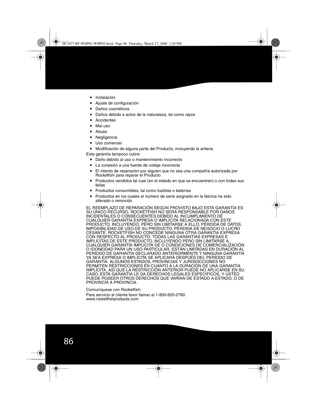 RocketFish RF-WHP02 manual RF-WHP01-WHP02.book Page 86 Thursday, March 27, 2008 129 PM 